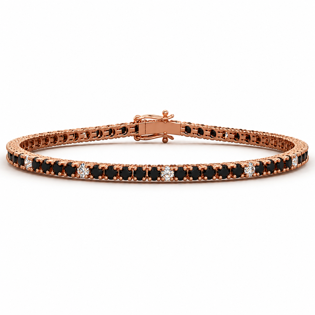 Natural black & white diamond tennis bracelet, round cut diamonds, rose gold, top perspective