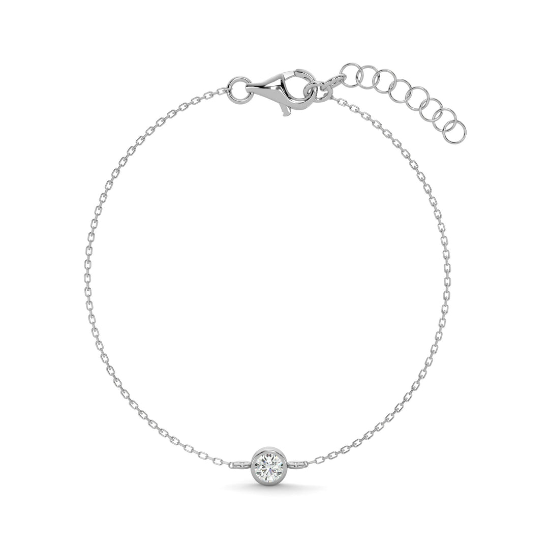     Round bezel natural diamond bracelet in white gold, shown from the back with clasp and extender chain.