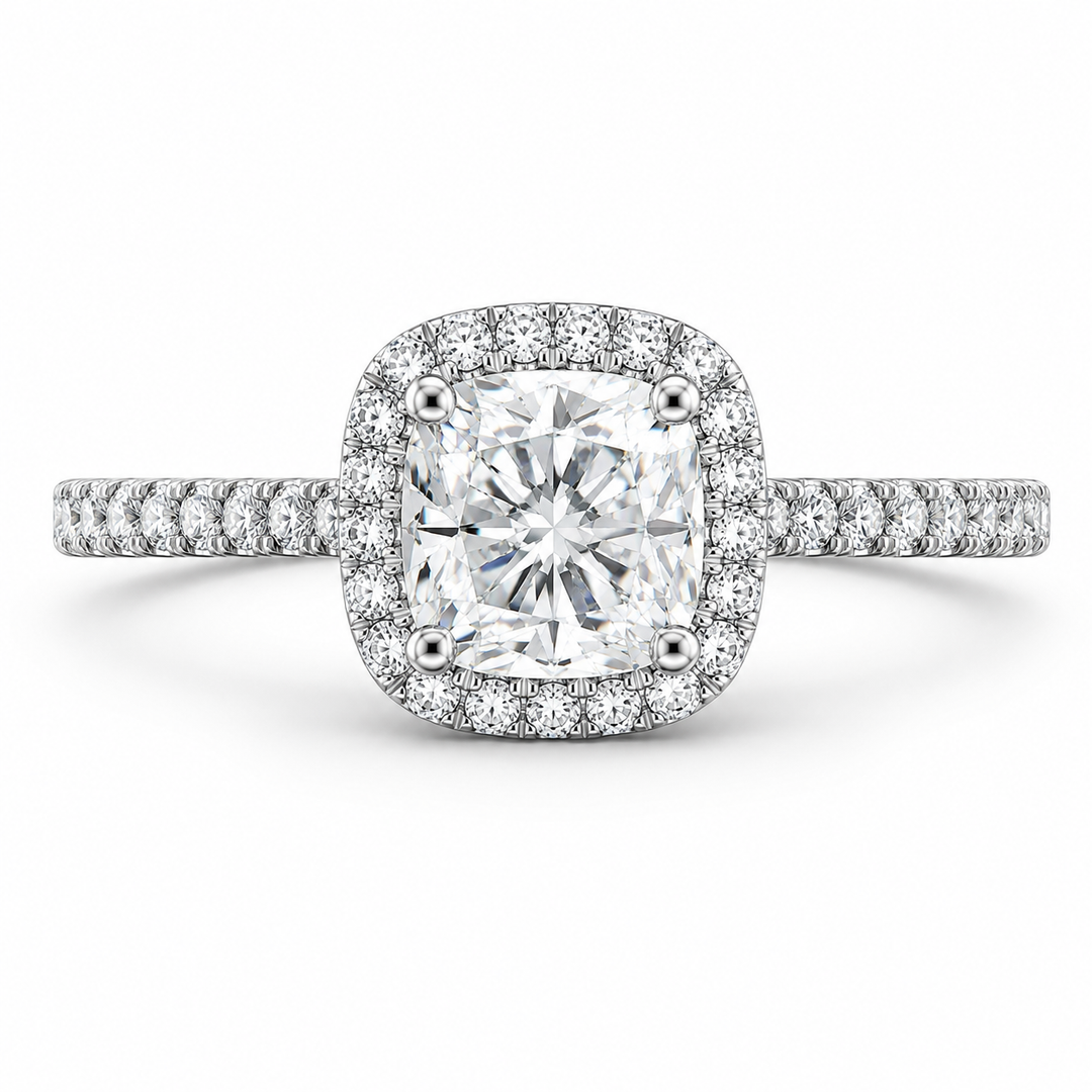     Cushion halo lab-grown diamond ring in white  gold, front view on a white background.
