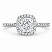     Cushion halo lab-grown diamond ring in white  gold, front view on a white background.