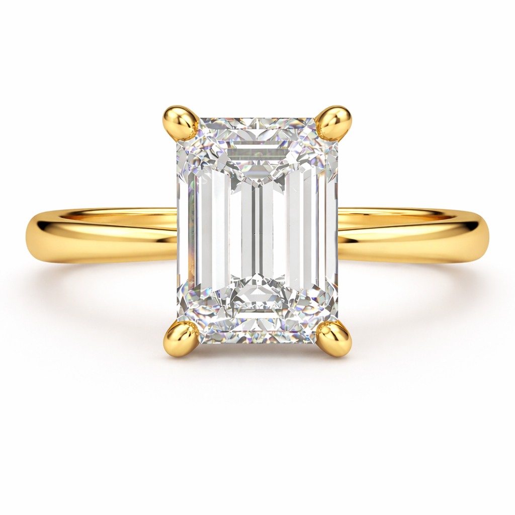 Emerald cut natural diamond solitaire engagement ring in yellow gold, front view
