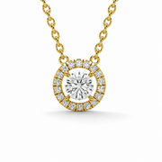 Natural round halo diamond pendant necklace in yellow gold with a brilliant round center diamond and pavé halo.