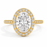 Load image into Gallery viewer,     Oval halo natural diamond ring in yellow gold, front view on a white background.