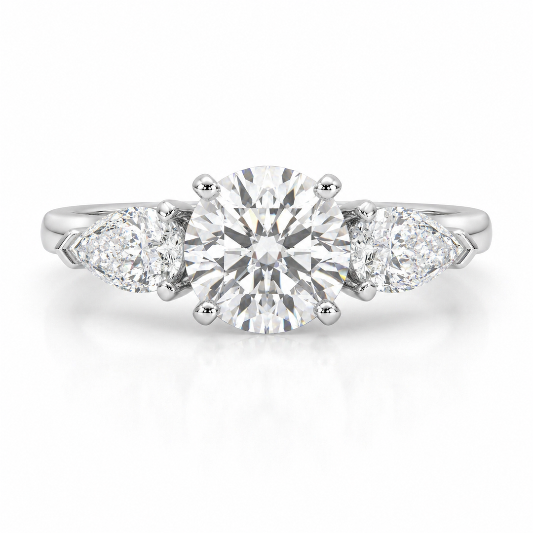 Three Stone Natural Diamond Ring Round Pear Sides