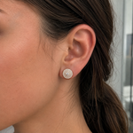Load image into Gallery viewer, Triple halo natural diamond stud earring in yellow gold, round diamond cluster design worn on ear