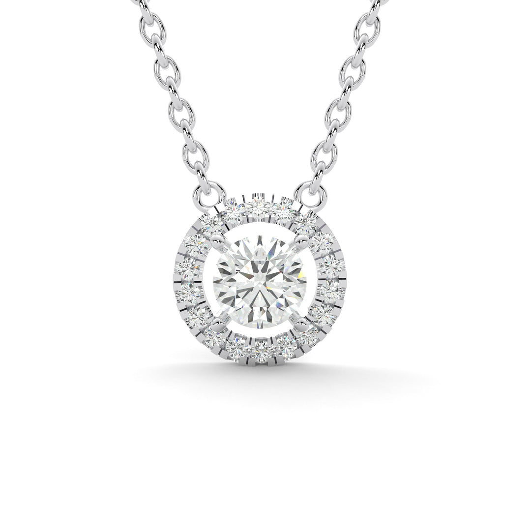 a necklace with a round cut diamond in the center