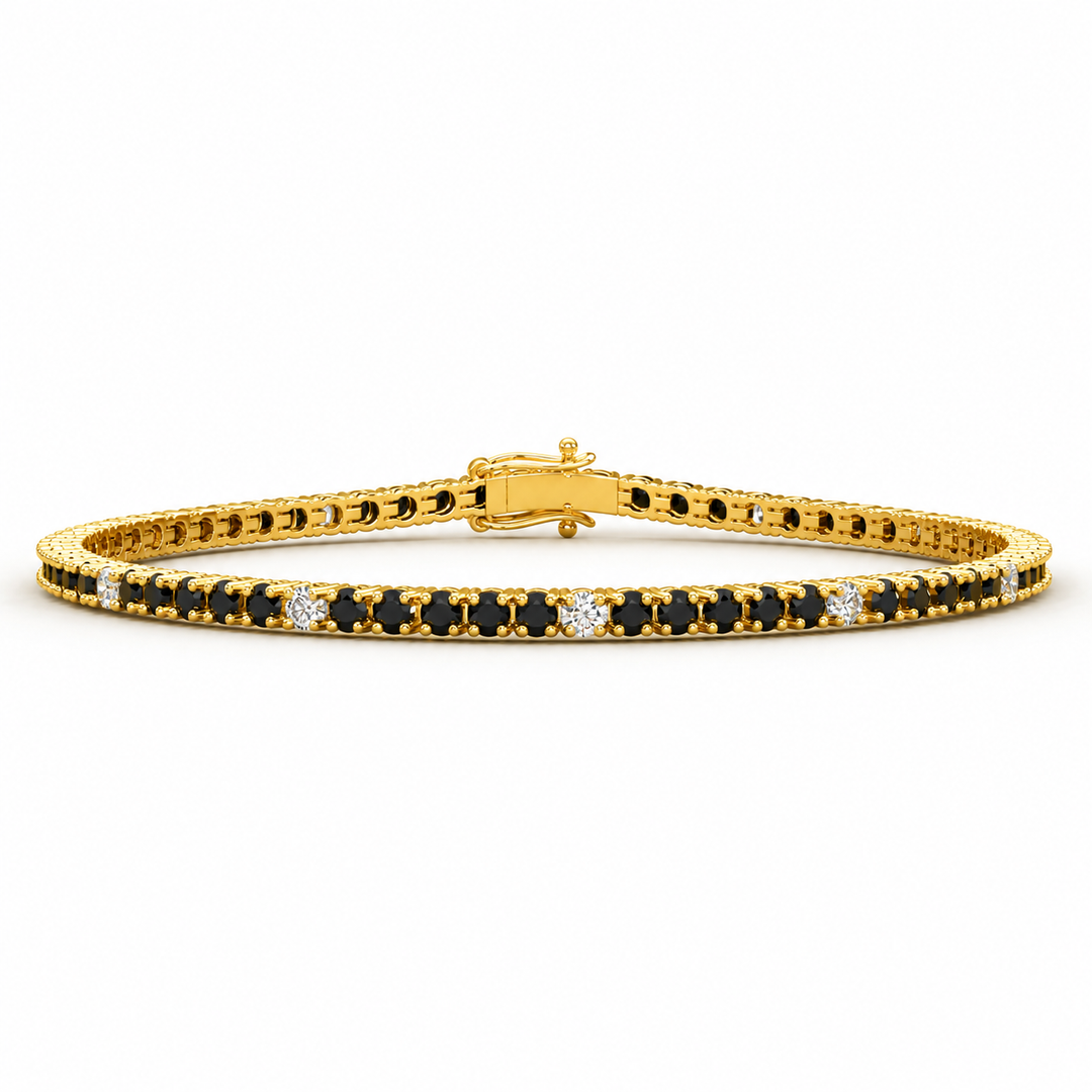 Natural black & white diamond tennis bracelet, round cut diamonds, yellow gold, front view