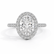 Lab-grown oval halo diamond engagement ring in white gold, front view