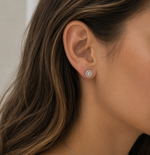 Load image into Gallery viewer, Woman Wearing Round Natural Diamond Stud Earrings with Detachable Halo Jackets in White Gold