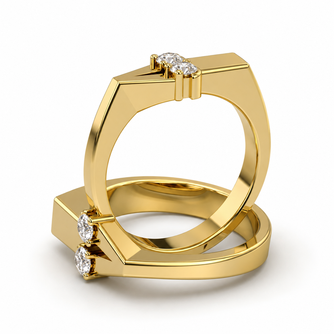 Different Love original custom ring in yellow gold with two round lab-grown diamond details and a sculptural open design symbolizing modern love