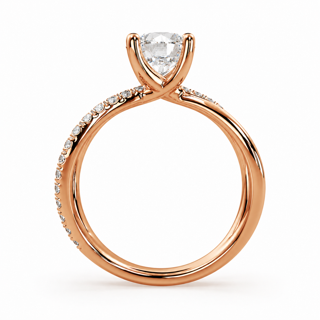     X-shank round natural diamond engagement ring in rose gold with a pavé split band, side profile on white background.
