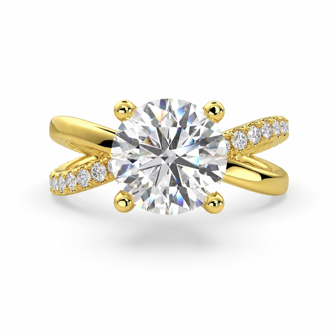     Round lab grown diamond X-shank engagement ring in yellow gold with pavé diamond band on white background