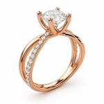 Load image into Gallery viewer, Lab grown round diamond X ring in rose gold featuring pavé side diamonds and four-prong setting – side angle view