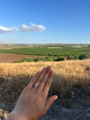 a woman's hand holding a diamond ring in front of a field