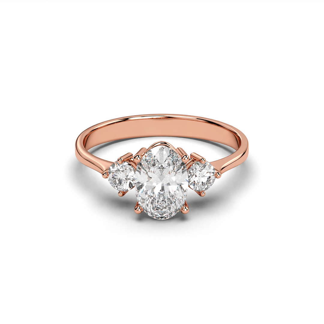 Three Stone Oval Lab-Grown Diamond Ring with Round Side Stones in Rose Gold Front View