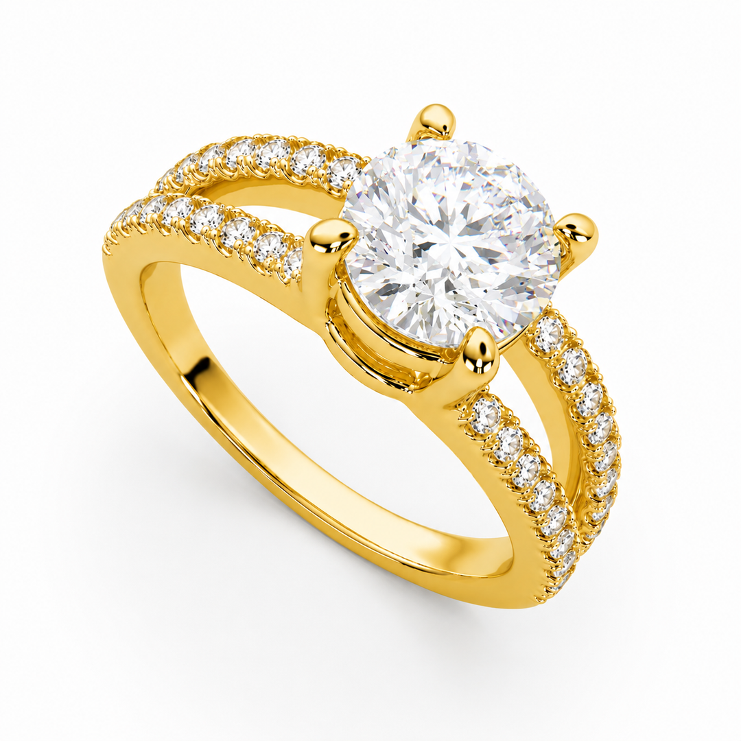 Round cut lab-grown diamond engagement ring, split shank band with pavé diamonds in yellow gold, top view.