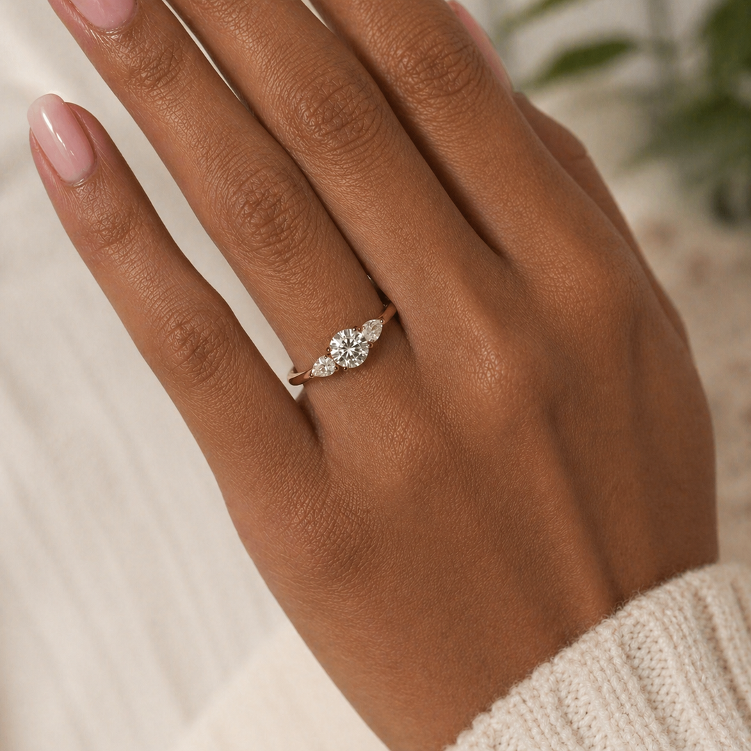 Three Stone Natural Diamond Ring Round Pear Sides