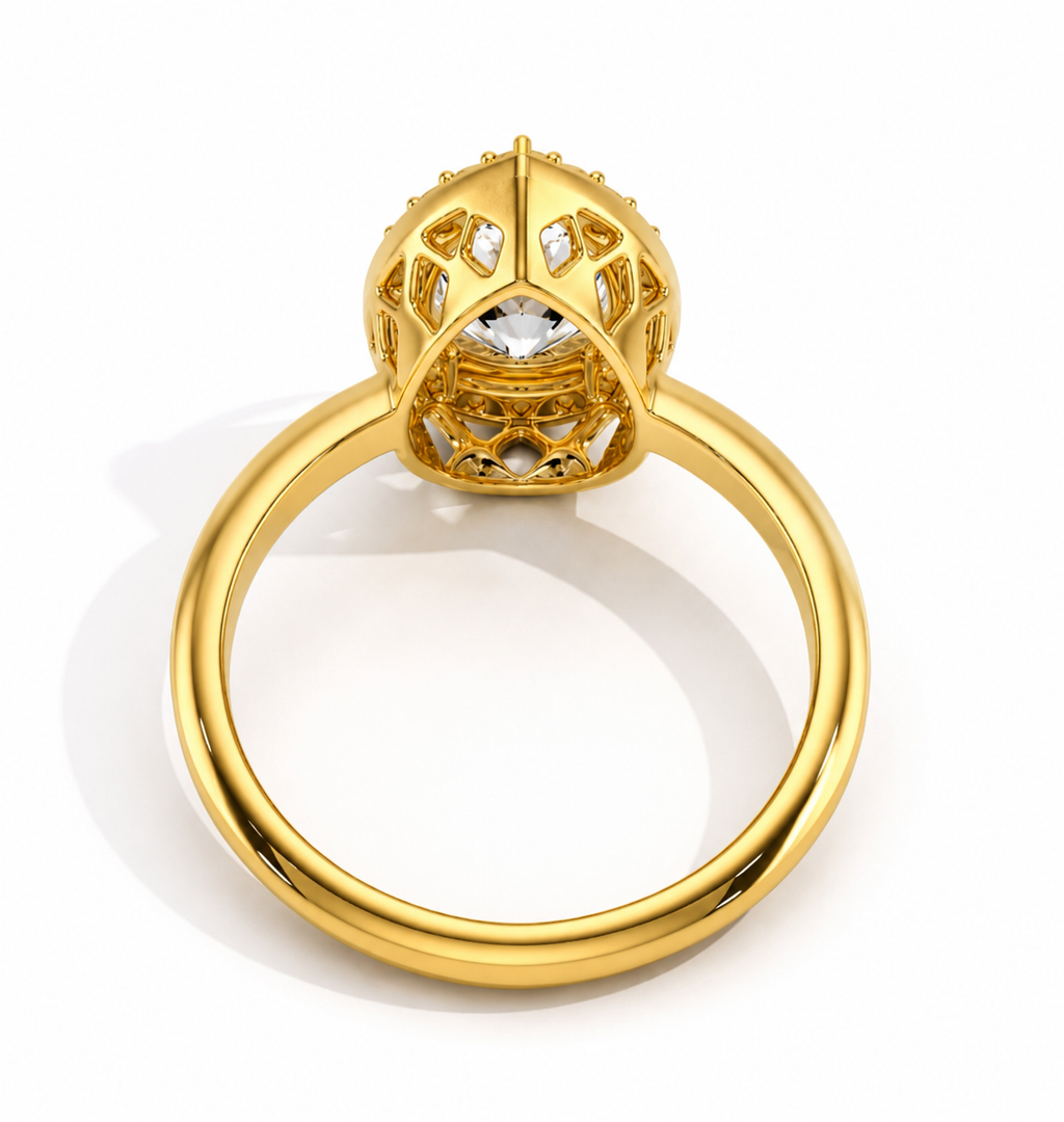 Back view of Pear Halo Biza lab-grown diamond ring showcasing the biza gallery and smooth yellow gold band
