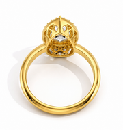 Back view of Pear Halo Biza lab-grown diamond ring showcasing the biza gallery and smooth yellow gold band