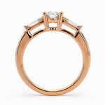 Load image into Gallery viewer,     Round Natural Diamond Three-Stone Ring with Tapered Side Diamonds in Rose Gold, Rear View