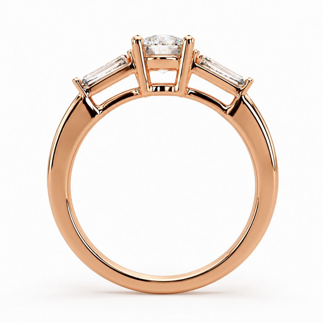     Round Natural Diamond Three-Stone Ring with Tapered Side Diamonds in Rose Gold, Rear View