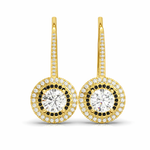 Load image into Gallery viewer,     Yellow gold natural diamond dangle earrings featuring round white center stones framed by two contrasting black and white diamond halos.