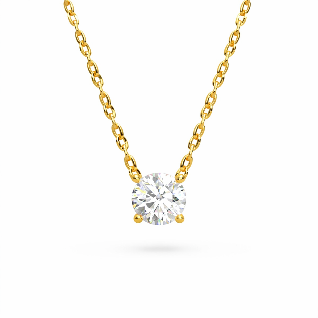 Round solitaire lab-grown diamond necklace in yellow gold, front view
