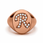 Load image into Gallery viewer, Rose gold initial signet ring featuring the letter R set with natural round-cut diamonds, front view render.