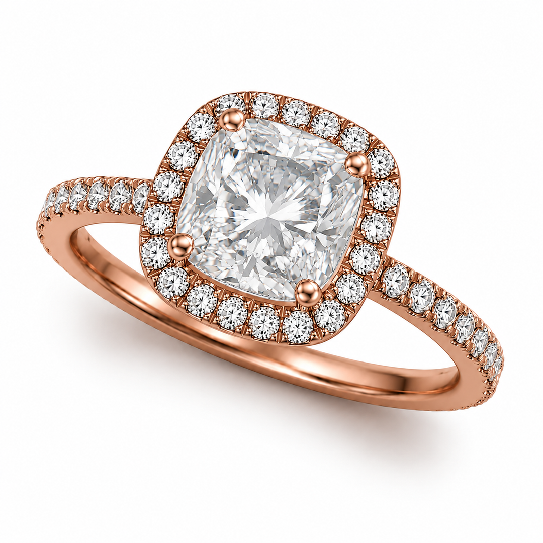     Cushion halo lab-grown diamond ring in rose gold, three-quarter view on a white background.