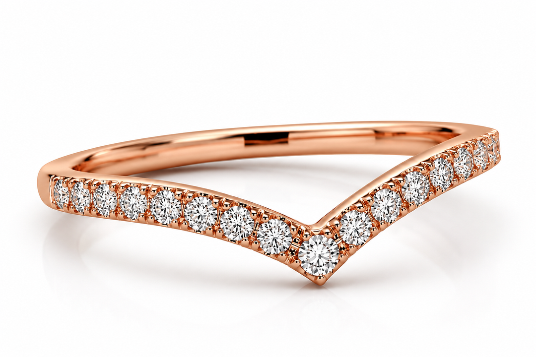 Angled side view of diamond V ring with lab-grown diamonds in rose gold, viewed from opposite side
