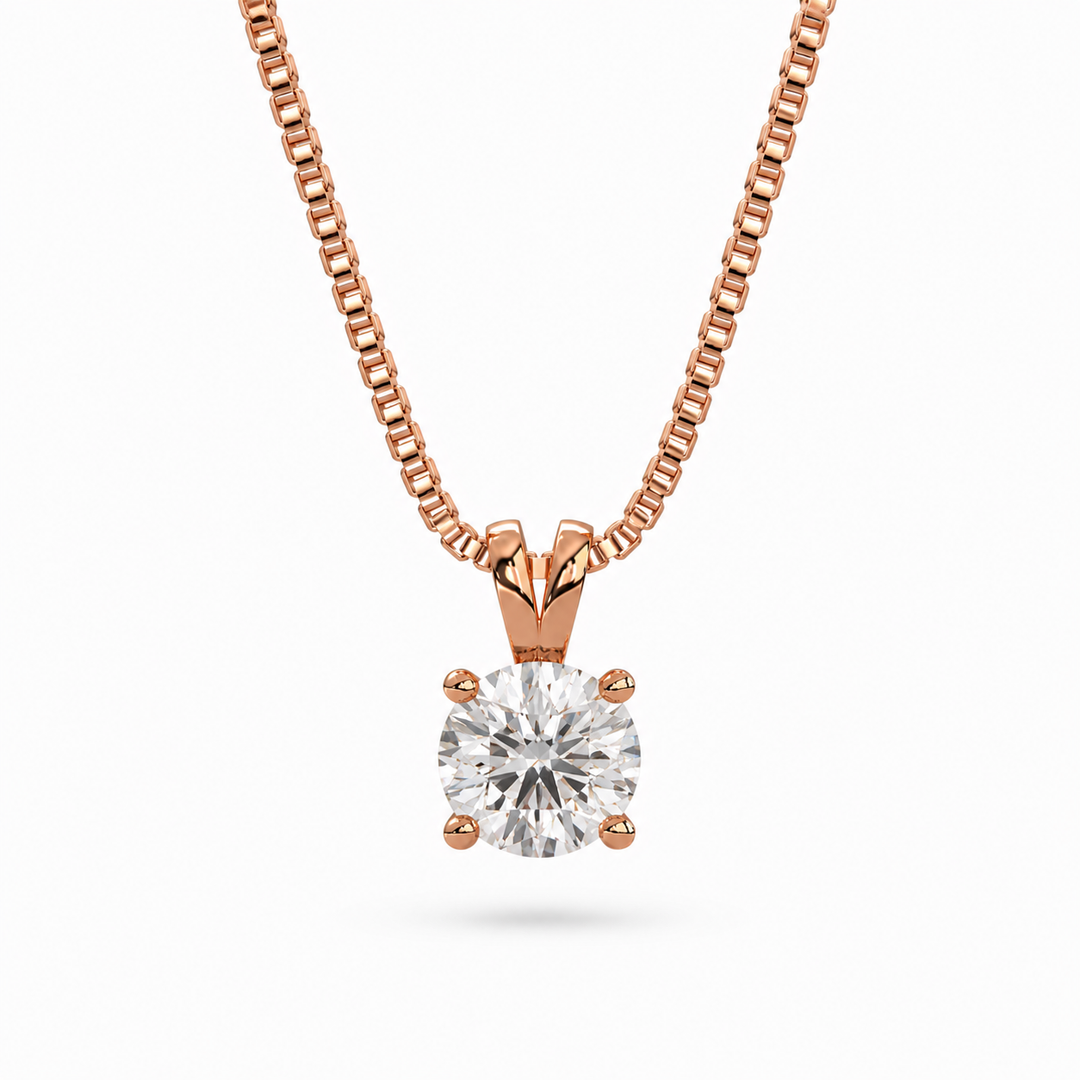 Rose gold necklace with a natural round brilliant diamond solitaire pendant and V-shaped bail