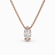 Marquise lab-grown diamond solitaire pendant necklace in 14K rose gold with a delicate cable chain on a white background.