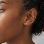 Load image into Gallery viewer, Woman wearing pear-cut natural diamond stud earrings in rose gold.
