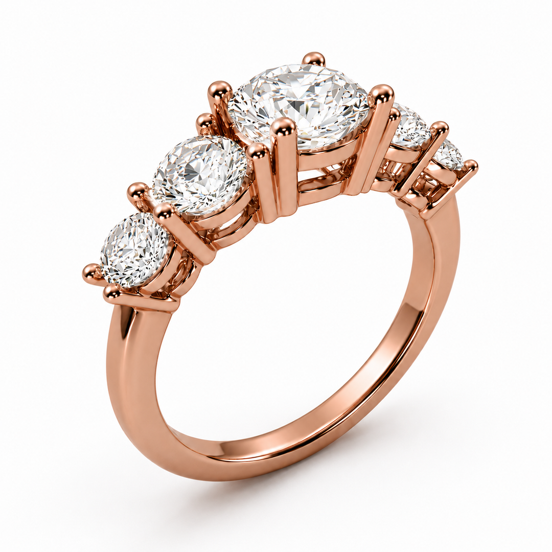 Side profile of five stone lab-grown diamond ring in rose gold