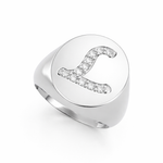 Load image into Gallery viewer, White gold signet ring with natural round-cut diamonds forming the letter L, front-facing top view render