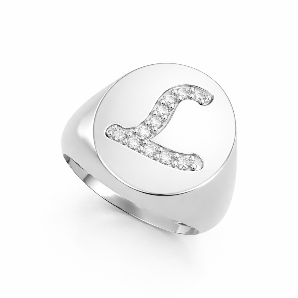 White gold signet ring with natural round-cut diamonds forming the letter L, front-facing top view render