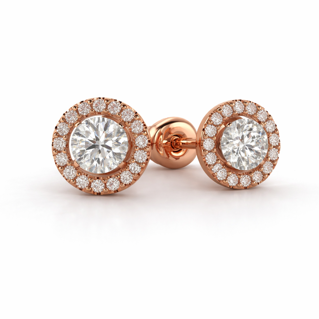 Round Natural Diamond Stud Earrings with Detachable Halo Jackets in 14K Rose Gold, Front View