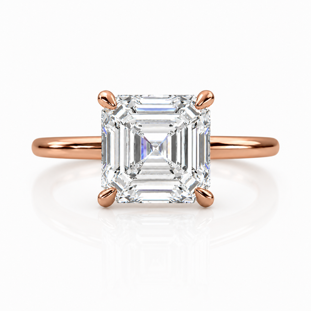 Asscher cut solitaire lab-grown diamond ring in rose gold with square step-cut center stone, front view