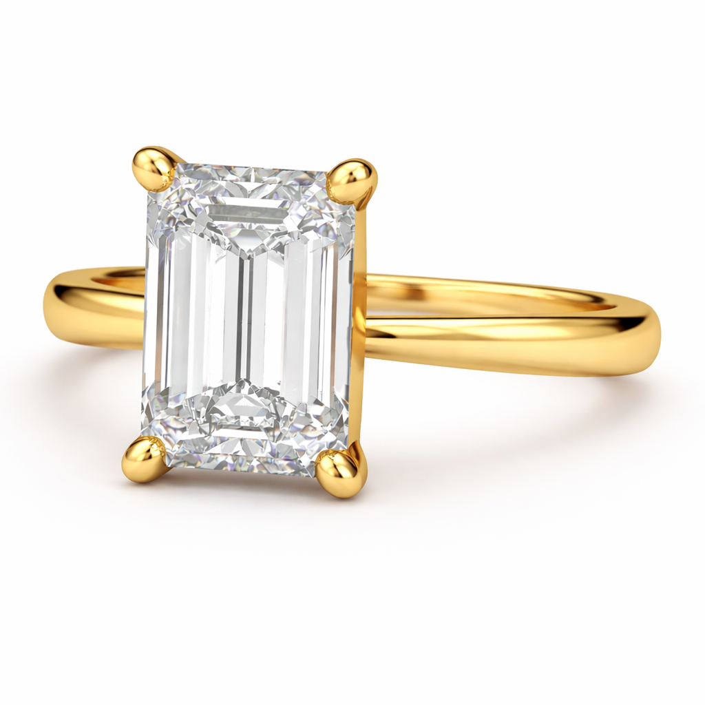 Side view of emerald-cut solitaire lab-grown diamond ring in yellow gold