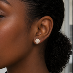 Load image into Gallery viewer, Triple halo lab grown diamond stud earring in yellow gold, round diamond cluster design worn on ear