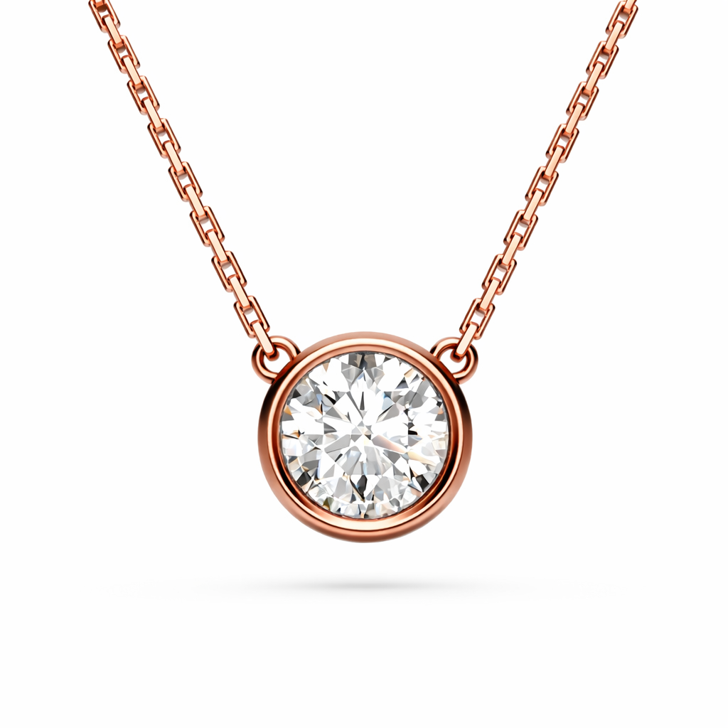 Round bezel lab-grown diamond pendant necklace in rose gold, front close-up