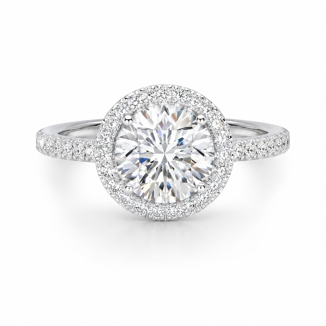 Lab grown Round halo side diamonds ring in white gold, front view