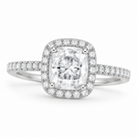 Load image into Gallery viewer,     Cushion halo natural diamond engagement ring in white gold, front view with pavé diamonds.