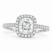     Cushion halo natural diamond engagement ring in white gold, front view with pavé diamonds.