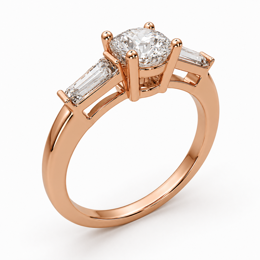 Three Stone Round Lab Grown Diamond Ring with Tapered Side Diamonds in Rose Gold, Angled View