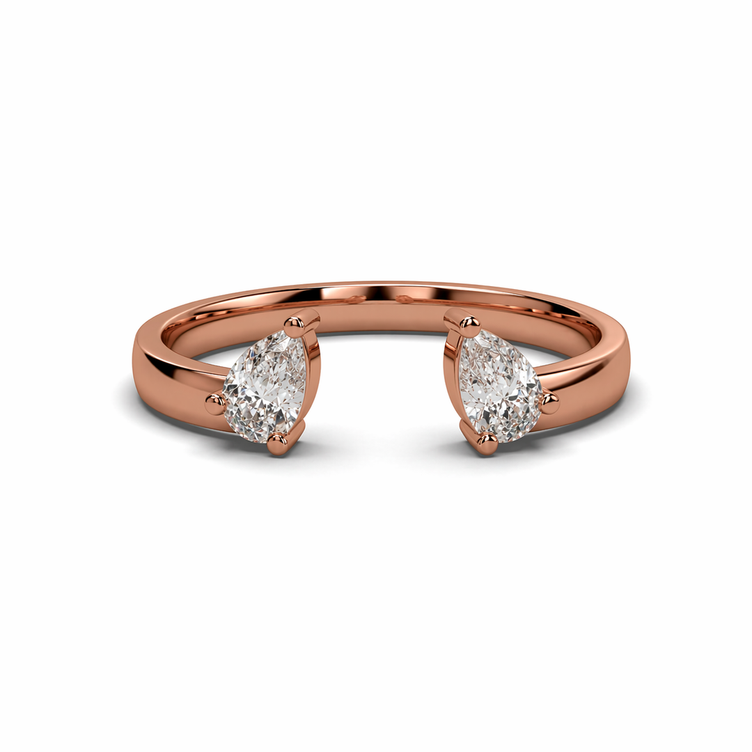 Open pear lab-grown diamond ring in rose gold with two pear-cut diamonds
