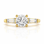 Load image into Gallery viewer, Three stone round lab grown diamond engagement ring with tapered side stones in yellow gold, front view