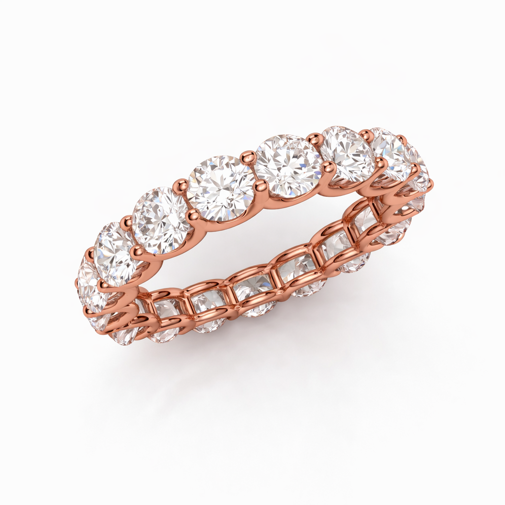     Rose gold natural diamond full eternity ring, three-quarter top view