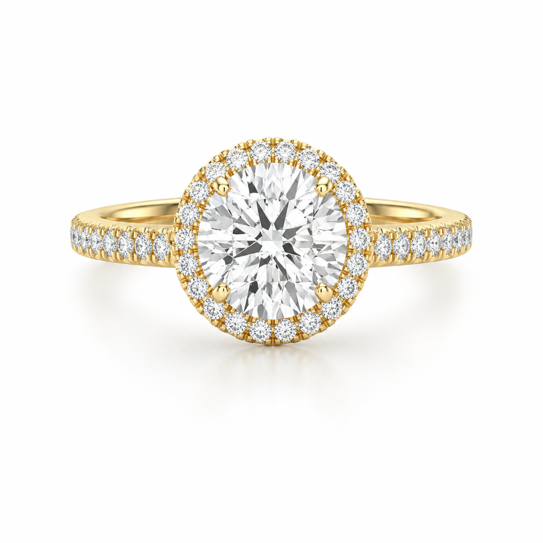 Lab grown Round halo side diamonds ring in yellow gold, front view