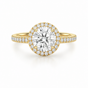Lab grown Round halo side diamonds ring in yellow gold, front view